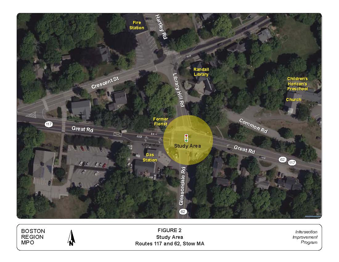Figure 2 - Intersection Study Area. Aerial view of the study intersection that highlights where Great Road (Route 117 and Route 62), Gleasondale Road (Route 62), and Library Hill Road meet and the location of the intersection within the Town of Stow. Figure 2 - Intersection Study Area. Aerial view of the study intersection that highlights where Great Road (Route 117 and Route 62), Gleasondale Road (Route 62), and Library Hill Road meet and the location of the intersection within the Town of Stow.